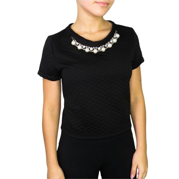 Vintage Absolute Angel Black Quilted Pearl Rhinestone Bib Blouse Medium Twee - Picture 1 of 7